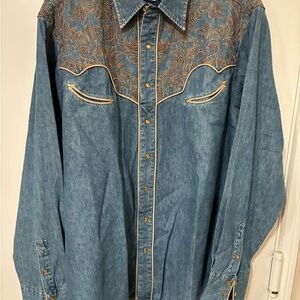 Roper Blue Denim Western Shirt with Brown Embroidery